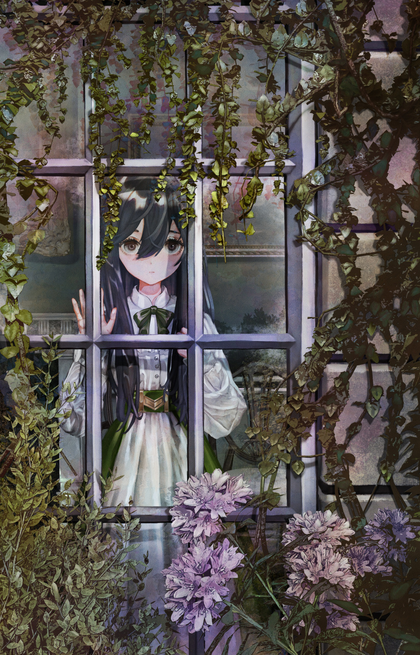 1girl absurdres bangs black_eyes black_hair bow bowtie closed_mouth dress expressionless flower green_belt green_bow green_bowtie highres long_hair long_sleeves looking_at_viewer original scenery solo suzusaki6 white_dress window