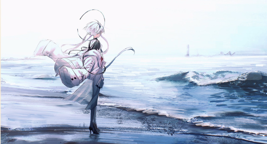 1girl ahoge beach black_headband black_shirt blood blood_stain blunt_ends cable day floating_hair from_behind halo headband high_heels highres jacket jacket_partially_removed lighthouse long_sleeves looking_afar mitoumei ocean original outdoors pantyhose ponytail see-through see-through_skirt shirt short_hair_with_long_locks skirt solo vest waves white_hair white_jacket white_sky white_vest wide_sleeves wind wind_lift