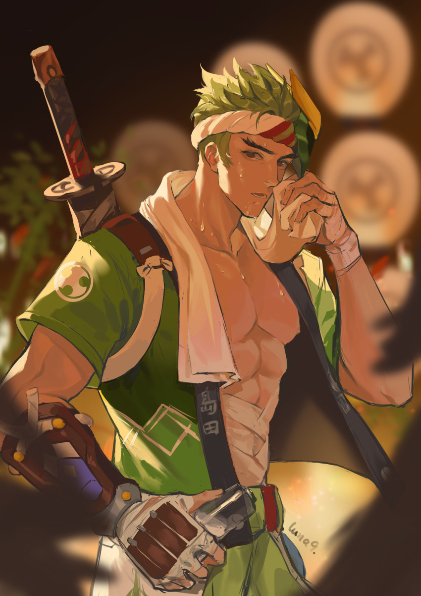 1boy abs absurdres blurry blurry_background brown_eyes fingerless_gloves genji_(overwatch) gloves green_hair green_kimono highres holding holding_towel japanese_clothes katana kimono looking_at_viewer luna-9 male_focus mask muscular muscular_male ninja open_clothes open_kimono open_mouth outdoors overwatch sheath sheathed short_hair short_sleeves solo sweat sword towel weapon weapon_on_back white_gloves