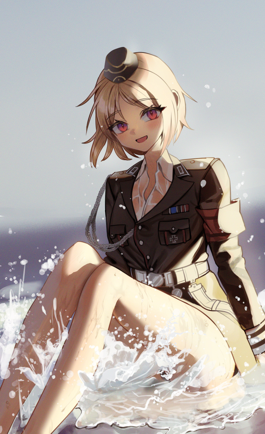1girl absurdres black_panties blonde_hair blush breasts commission cross garrison_cap girls_frontline hat highres iron_cross long_sleeves looking_at_viewer military military_hat military_uniform mp40_(girls'_frontline) necktie non-web_source panties red_armband red_eyes shirt short_hair smile solo underwear uniform water wet xanax025