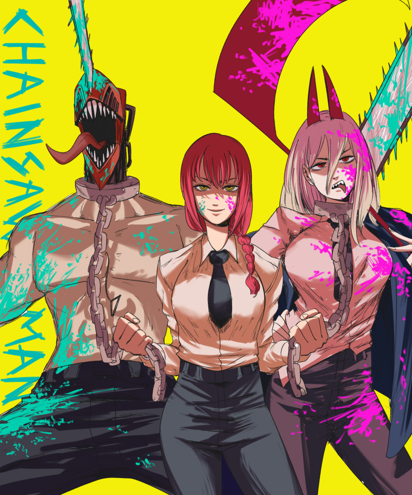 1boy 2girls absurdres black_necktie blood blood_on_clothes blood_on_face blue_jacket braid braided_ponytail breasts chain chain_leash chainsaw chainsaw_man collared_shirt denji_(chainsaw_man) faceless faceless_male hair_between_eyes highres holding holding_leash holding_scythe holding_weapon horns jacket large_breasts leash long_hair looking_at_viewer makima_(chainsaw_man) multiple_girls necktie open_mouth pink_hair power_(chainsaw_man) red_eyes red_horns redhead scythe sharp_teeth shirt sidelocks simple_background smile stylized_blood teeth tina_fate tongue topless topless_male weapon white_shirt yellow_background yellow_eyes