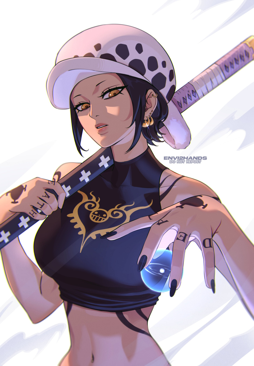 1girl absurdres black_hair breasts closed_mouth devil_fruit earrings eleven_supernova envi2hands genderswap genderswap_(mtf) hat highres jewelry looking_at_viewer navel one_piece short_hair simple_background solo sword tattoo trafalgar_law weapon