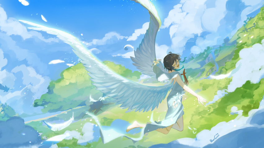 1boy ahoge androgynous bangs barefoot black_hair blue_cat_(22478475) blue_hair braid closed_eyes feathered_wings flower genshin_impact gradient_hair highres holding holding_instrument instrument lyre male_focus multicolored_hair open_mouth robe short_hair_with_long_locks solo twin_braids venti_(genshin_impact) white_flower white_robe white_wings wings