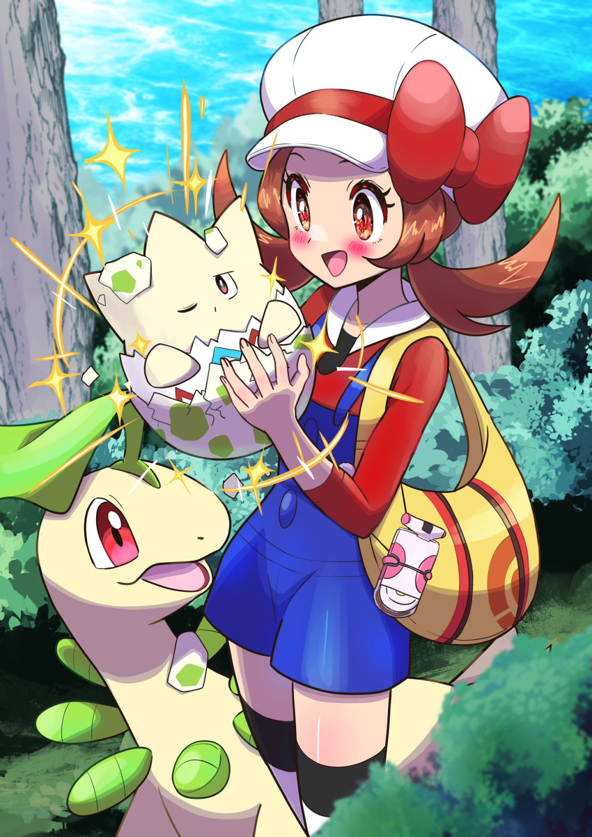 bayleef blue_overalls bow brown_hair cabbie_hat hat hat_bow highres long_hair lyra_(pokemon) overalls pokegear pokemon pokemon_(creature) pokemon_(game) pokemon_hgss red_bow red_shirt shirt thigh-highs togepi tonayon twintails white_headwear yellow_bag