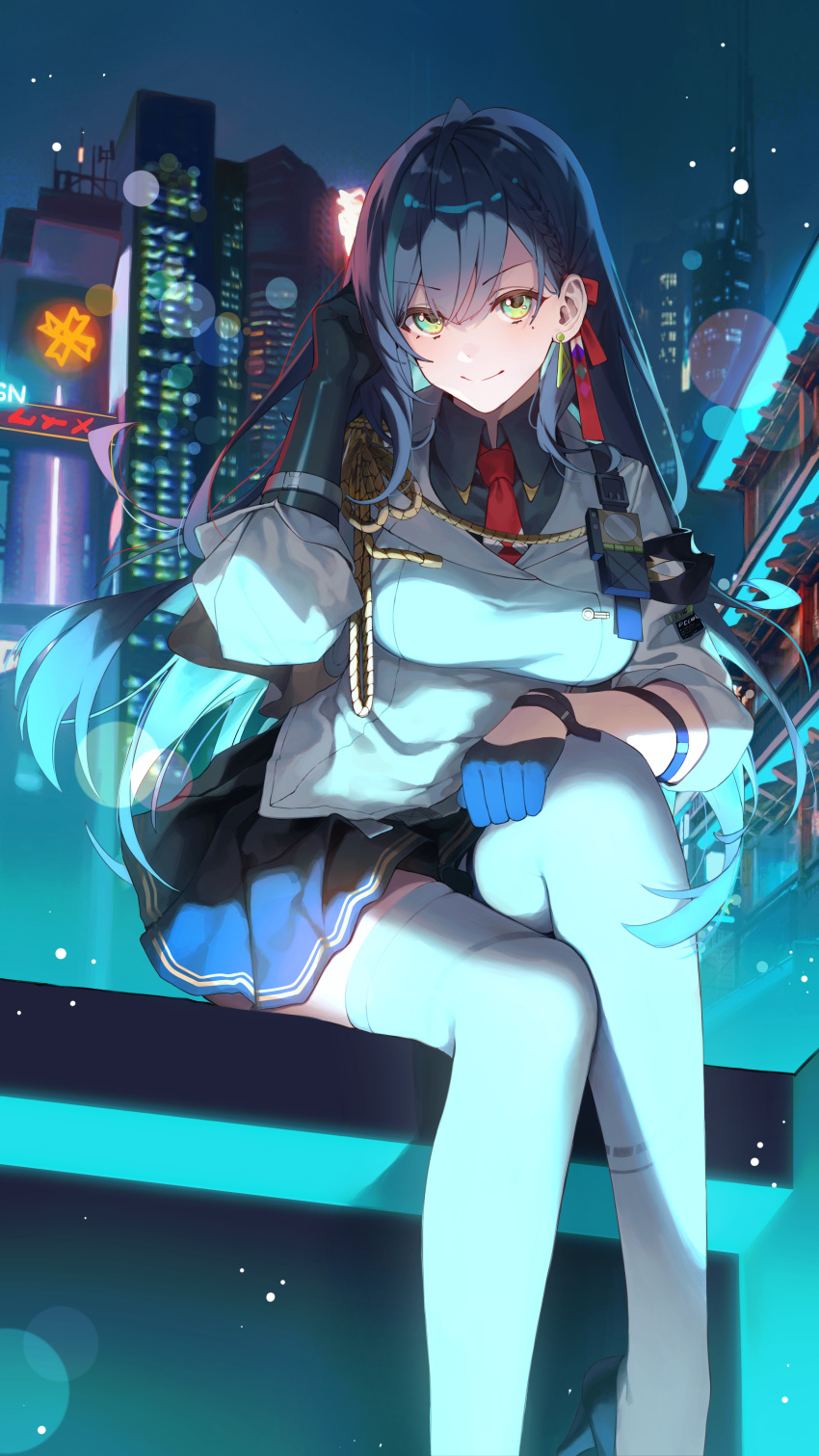 1girl absurdres bangs black_hair breasts earrings gloves green_eyes hand_in_own_hair highres jewelry lin_(tower_of_fantasy) long_hair looking_at_viewer medium_breasts miniskirt mole mole_under_eye outdoors shotgunman sitting skirt smile thigh-highs tower_of_fantasy uniform