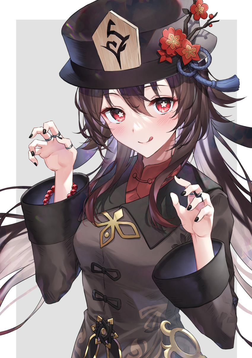 1girl :q absurdres bangs bead_bracelet beads black_headwear black_nails blush bracelet breasts brown_coat brown_hair claw_pose coat flower flower-shaped_pupils genshin_impact grey_background hair_between_eyes hands_up hat hat_flower hat_tassel highres hu_tao_(genshin_impact) jewelry long_hair long_sleeves looking_at_viewer medium_breasts multiple_rings myske_(myst34415756) plum_blossoms porkpie_hat red_eyes red_flower ring sidelocks simple_background solo symbol-shaped_pupils tongue tongue_out twintails two-tone_background upper_body white_background wide_sleeves