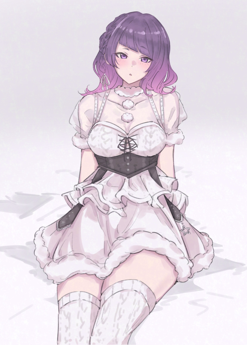1girl 72megg absurdres braid breasts dress frills gradient highres idolmaster idolmaster_shiny_colors light_purple_hair looking_at_viewer medium_breasts medium_hair open_mouth puffy_short_sleeves puffy_sleeves purple_hair see-through see-through_sleeves short_sleeves sitting tanaka_mamimi thigh-highs violet_eyes white_background white_dress white_thighhighs
