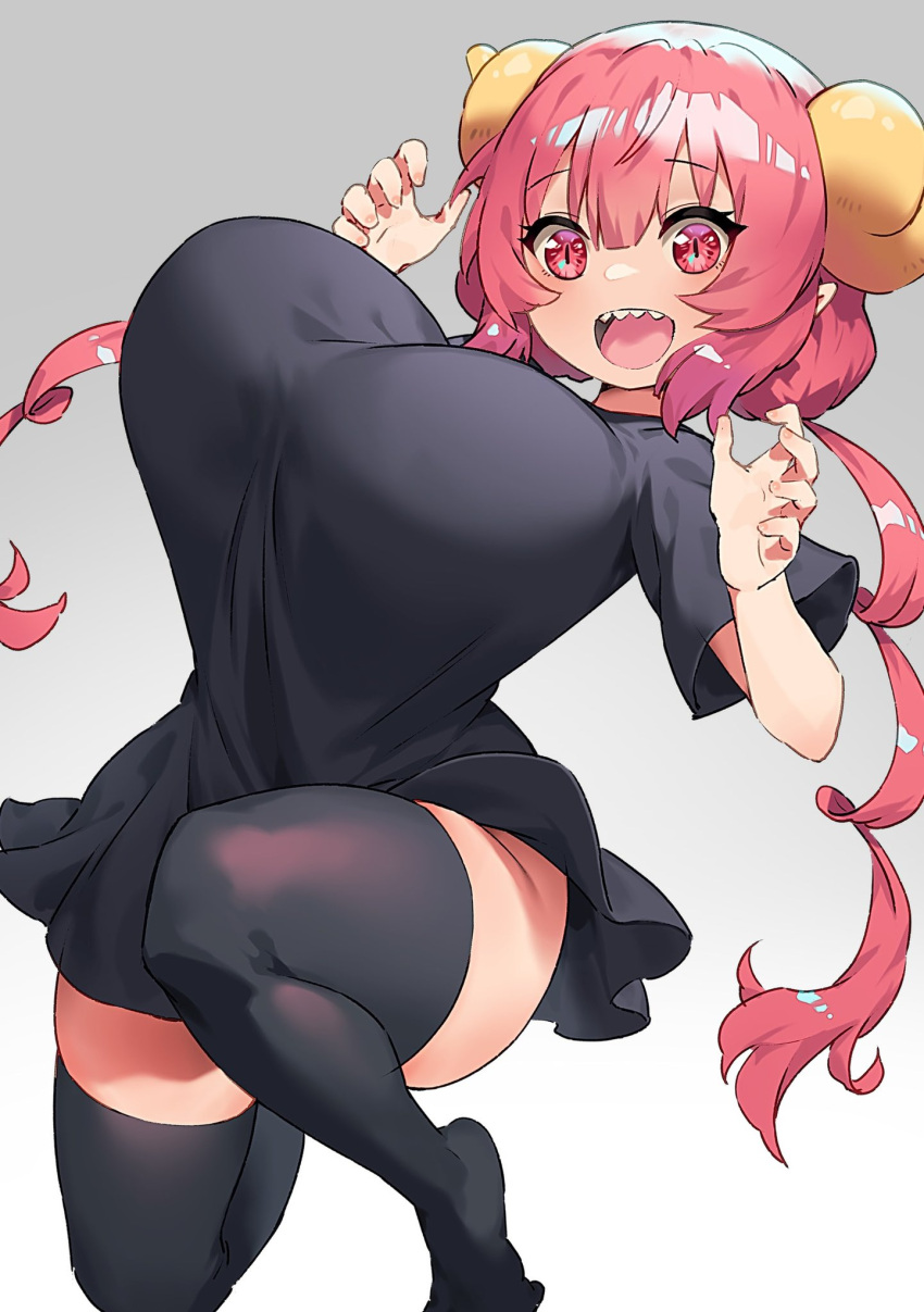breasts cozy dragon_girl dragon_horns highres horns huge_breasts ilulu_(maidragon) kobayashi-san_chi_no_maidragon long_hair looking_at_viewer low_twintails oppai_loli paw_pose pointy_ears red_eyes redhead sharp_teeth shortstack slit_pupils teeth twintails yellow_horns