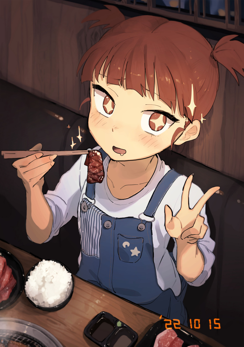 1girl 2022 absurdres beef blue_overalls brown_eyes brown_hair chopsticks girls_und_panzer grill grilling highres indoors looking_at_viewer mikko_(girls_und_panzer) open_mouth overalls rice shirt short_twintails sitting sleeves_rolled_up smile solo star-shaped_pupils star_(symbol) symbol-shaped_pupils toku_(yhpv8752) twintails v white_shirt