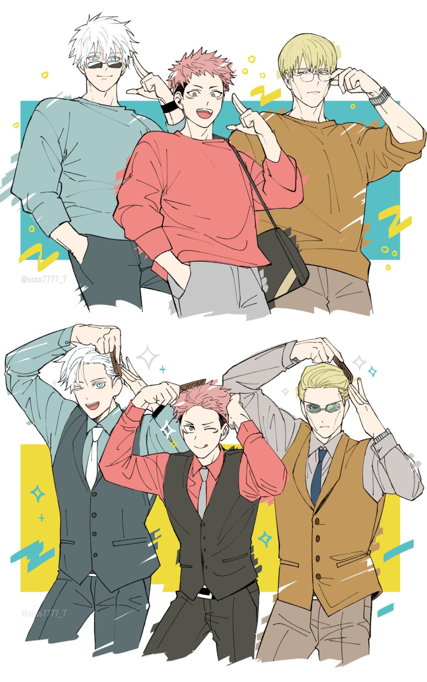 3boys :p adjusting_eyewear black_suit black_vest blonde_hair blue_eyes blue_necktie blue_sweater brown_eyes brown_pants brown_sweater brown_vest collared_shirt comb commentary formal glasses gojou_satoru hairdressing hand_in_pocket highres holding holding_comb itadori_yuuji jujutsu_kaisen long_sleeves looking_at_viewer male_focus multiple_boys nanami_kento necktie one_eye_closed open_mouth pants red_shirt red_sweater shirt short_hair ssss7777_7 suit sunglasses sweater symbol-only_commentary teeth tongue tongue_out upper_teeth vest watch white_hair