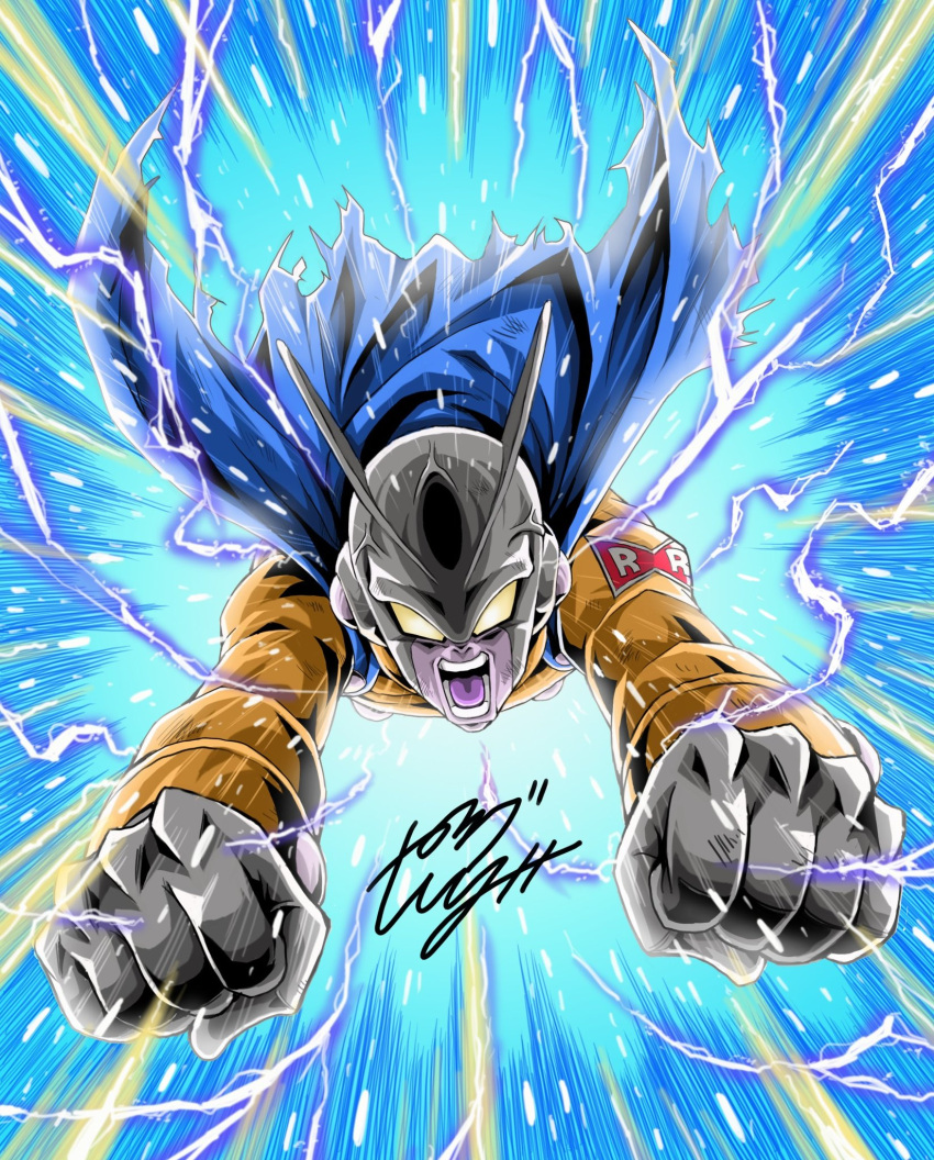 1boy aura blank_eyes blue_cape cape charging_forward clenched_hands colored_skin dragon_ball dragon_ball_super dragon_ball_super_super_hero electricity gamma_2 grey_skin highres long_sleeves male_focus open_mouth red_ribbon_army screaming solo youngjijii