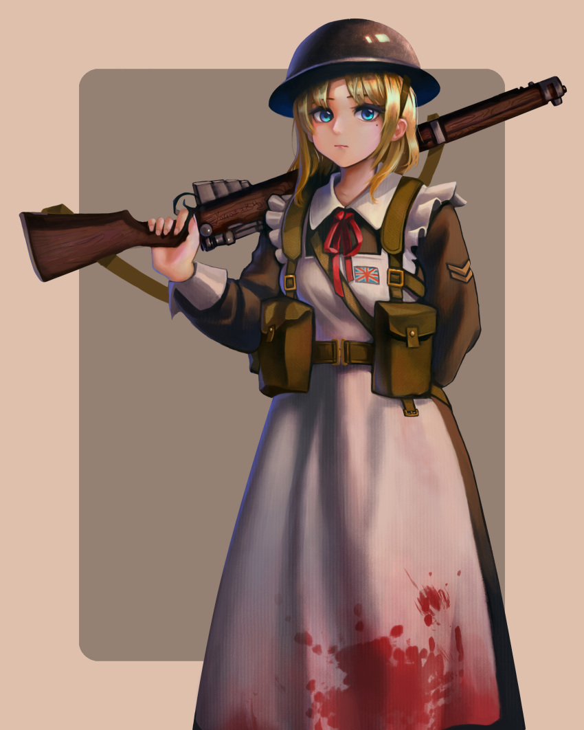 1girl absurdres apron bangs blonde_hair blood blood_on_clothes blue_eyes bolt_action brown_dress dress gun helmet highres holding holding_gun holding_weapon lee-enfield long_sleeves medium_hair military_helmet mole mole_under_eye neck_ribbon original parted_bangs red_ribbon ribbon rifle sidelocks solo standing union_jack weapon white_apron youotaku