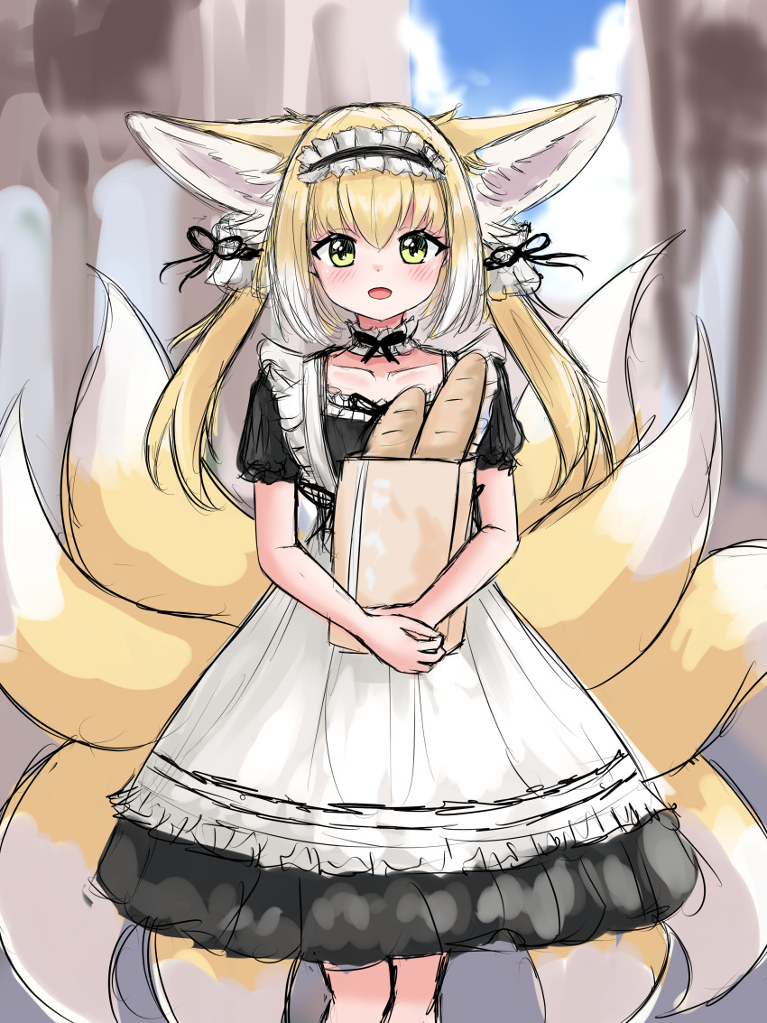 1girl :d absurdres alternate_costume animal_ear_fluff animal_ears arknights bag baguette black_dress blonde_hair blue_sky blurry blurry_background blush bread collarbone commentary day depth_of_field dress enmaided feet_out_of_frame food fox_ears fox_girl fox_tail green_eyes grocery_bag highres holding holding_bag kyuubi long_hair looking_at_viewer maid multicolored_hair multiple_tails outdoors paper_bag puffy_short_sleeves puffy_sleeves rylaera shopping_bag short_sleeves sketch sky smile solo standing suzuran_(arknights) tail twintails two-tone_hair white_hair