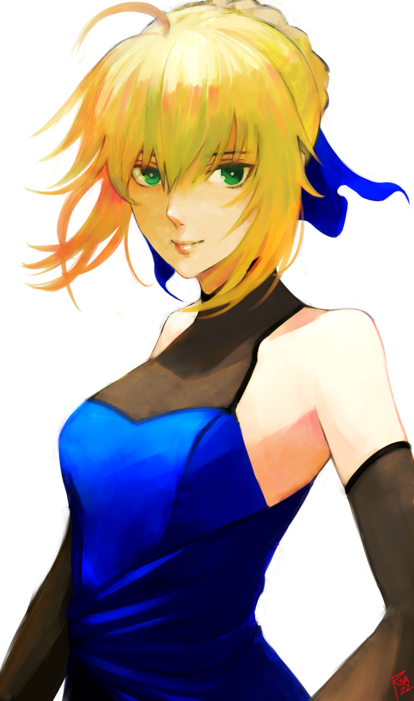 1girl absurdres ahoge artoria_pendragon_(fate) bangs black_dress blonde_hair blue_bow bow breasts closed_mouth detached_sleeves dress fate/stay_night fate_(series) green_eyes hair_between_eyes hair_bow highres long_sleeves looking_at_viewer moedredd saber short_hair simple_background sleeveless sleeveless_dress small_breasts solo upper_body white_background