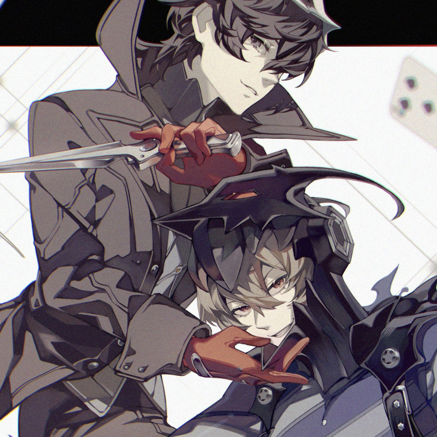 2boys akechi_gorou amamiya_ren armor bangs black_coat black_eyes black_hair black_pants black_vest brown_hair coat cowboy_shot gloves helmet highres holding holding_knife knife long_sleeves looking_at_viewer male_focus multiple_boys open_mouth pants persona persona_5 red_eyes red_gloves shiozakana short_hair smile standing upper_body vest