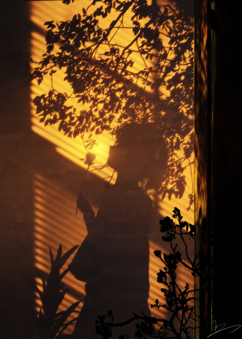 1girl blinds branch flower from_side highres holding holding_flower original shadow short_hair signature silhouette skyrick9413 solo sun sunlight tree window yellow_theme
