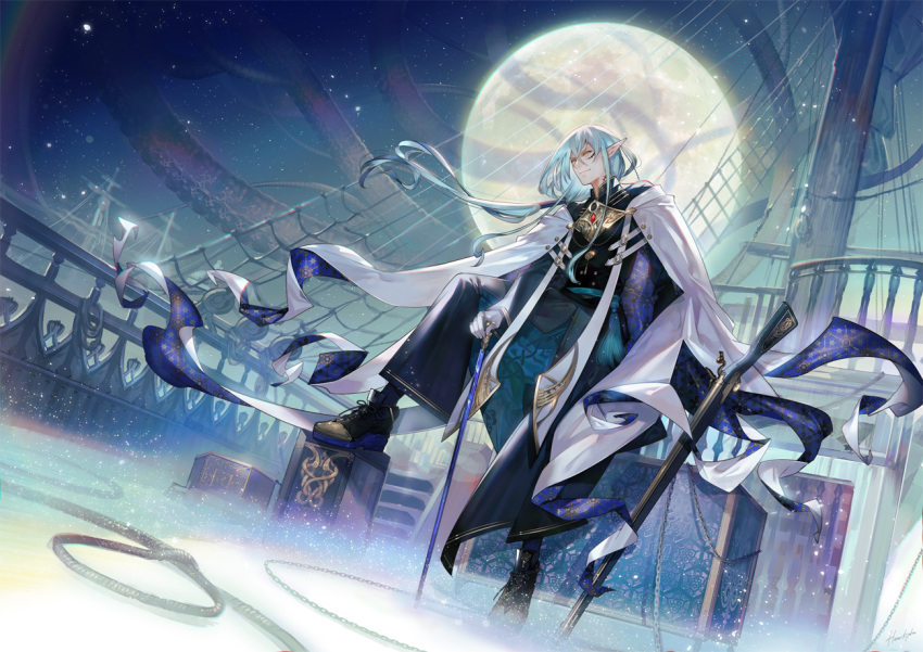 1boy aqua_sash belt black_footwear black_robe black_socks blue_hair box cane cape chain full_body full_moon gloves gun hair_between_eyes hair_tubes holding holding_cane kyouka_hatori light_blue_hair long_hair long_sleeves looking_at_viewer low_ponytail male_focus moon night parted_lips patterned_clothing pixiv_fantasia pixiv_fantasia_age_of_starlight pointy_ears rifle robe rope sash scar scar_on_face scar_on_neck ship shoes sky socks solo star_(sky) starry_sky stepping stitches tassel tentacles two-sided_fabric watercraft weapon white_belt white_cape white_gloves yellow_eyes