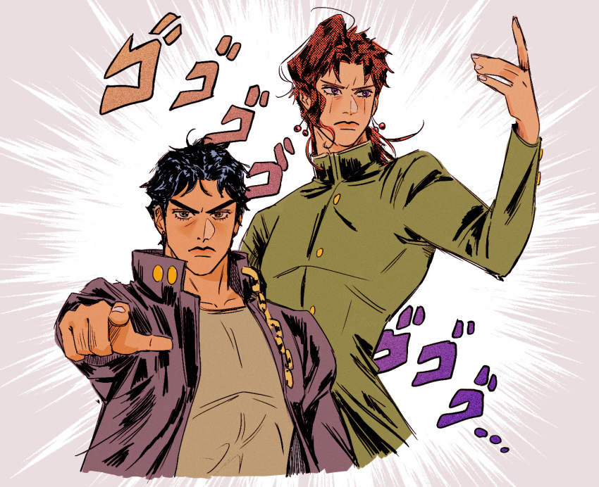 1o231224 2boys arm_up black_hair chain coat commentary earrings emphasis_lines english_commentary gakuran green_coat green_eyes highres jewelry jojo_no_kimyou_na_bouken kakyouin_noriaki kujo_jotaro long_coat male_focus multiple_boys pointing pointing_at_viewer pose purple_coat redhead school_uniform serious short_hair stardust_crusaders stud_earrings upper_body violet_eyes