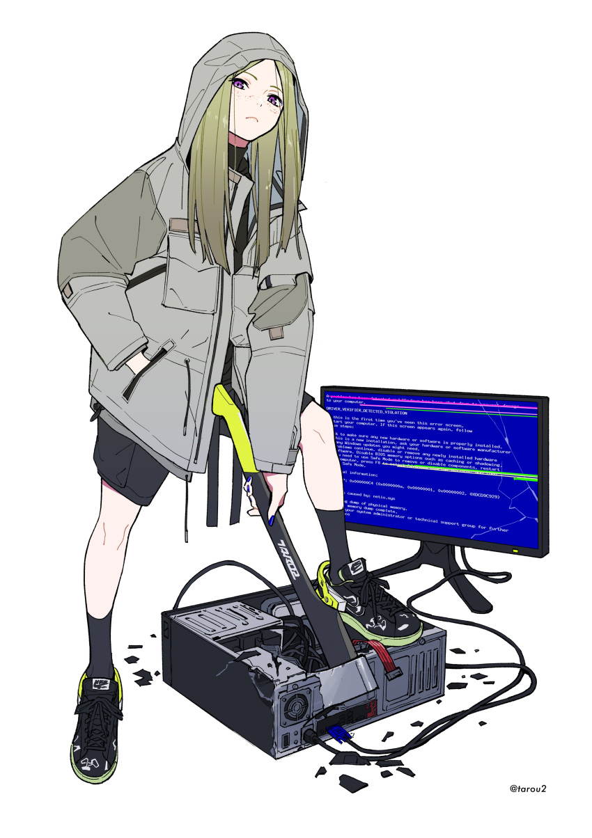 1girl absurdres axe bangs black_footwear black_shorts black_socks blonde_hair blue_nails blue_screen_of_death broken_screen cable closed_mouth cpu crack cross-laced_footwear freckles frown full_body gradient_hair grey_hair grey_jacket hand_in_pocket highres holding holding_axe hood hooded_jacket jacket long_hair long_sleeves looking_at_viewer monitor multicolored_hair nail_polish nike original pocket product_placement shards shoes shorts simple_background sneakers socks solo standing straight_hair tarou2 turtleneck violet_eyes white_background