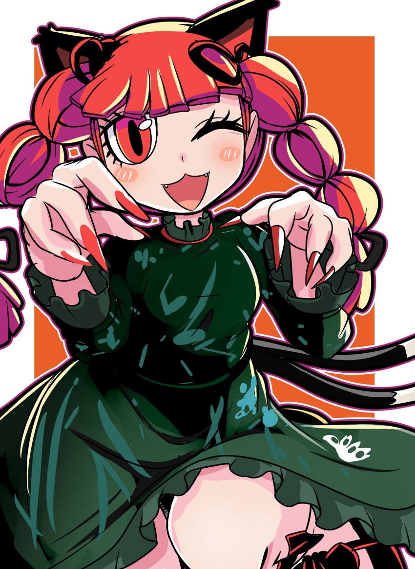 1girl ;3 ;d absurdres animal_ears bangs blunt_bangs blush_stickers bow braid cat_ears claw_pose dress fingernails hands_up highres kaenbyou_rin nail_polish one_eye_closed red_eyes red_nails redhead ryo_(ryopics) sharp_fingernails simple_background smile solo touhou