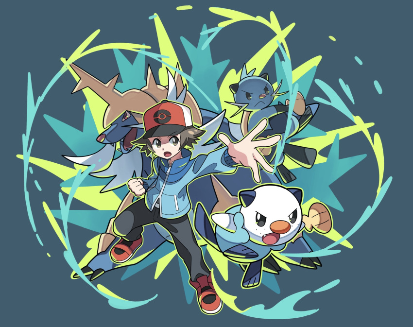 1boy arm_up belt_buckle blue_jacket brown_eyes brown_hair buckle clenched_hand commentary_request dewott evolutionary_line green_background grey_pants hat highres hilbert_(pokemon) jacket long_sleeves male_focus open_mouth oshawott pants poke_ball_print pokemon pokemon_(game) pokemon_bw red_footwear red_headwear samurott shoes short_hair spread_fingers sutokame tongue