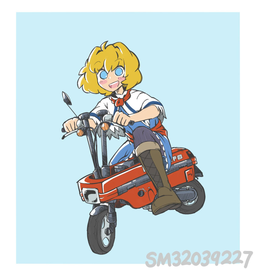 1girl alice_margatroid ascot bangs blonde_hair blue_background blue_dress blue_eyes blush boots brown_footwear capelet commentary cookie_(touhou) cross-laced_footwear dress english_commentary frilled_dress frills full_body ground_vehicle gummuru hair_intakes highres motor_vehicle motorcycle niconico_id open_mouth red_ascot red_sash sash short_hair smile solo touhou two-tone_background vehicle_request web_(cookie) white_background white_capelet