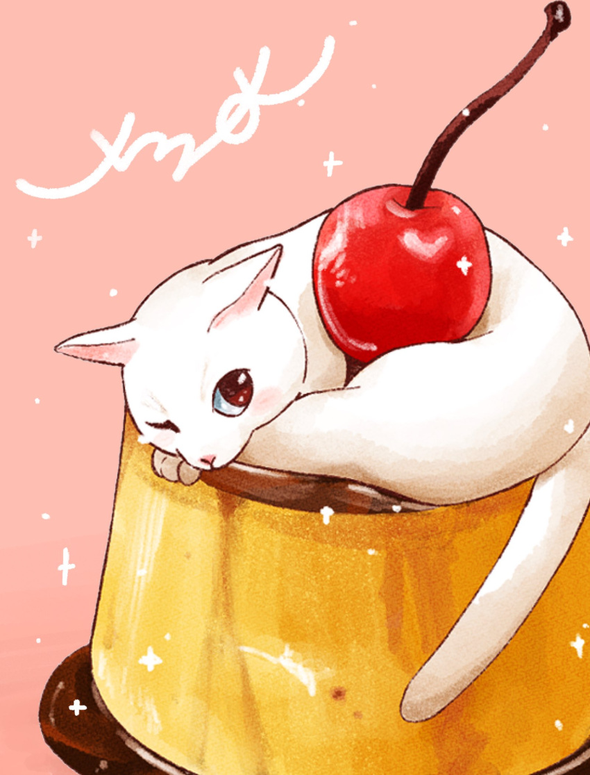 animal animal_focus cat cherry food food_focus fruit highres no_humans one_eye_closed original pink_background pudding red_eyes signature simple_background sparkle surumeika_(ninfiiiir) white_cat