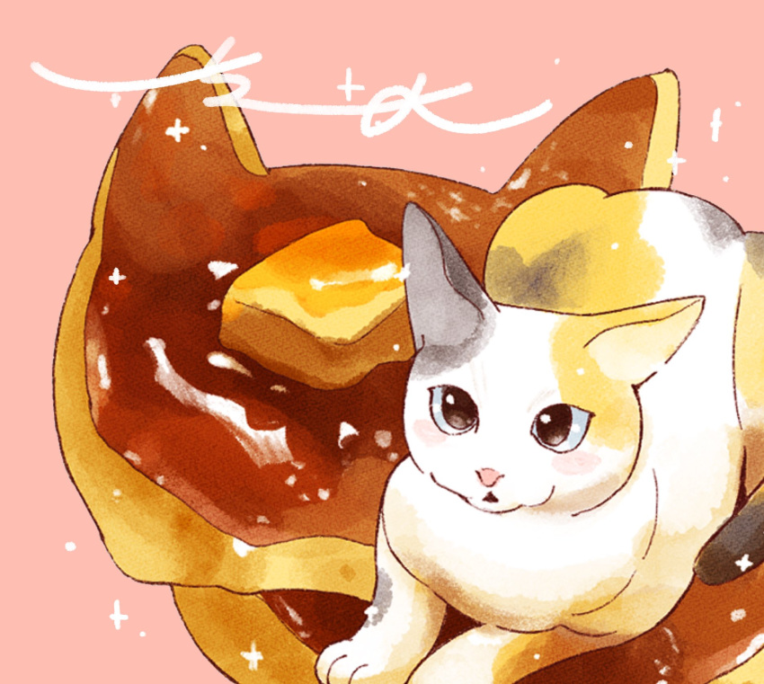 animal animal_focus animal_hands butter calico cat cat_paws commentary food food_focus highres light_blush looking_at_viewer open_mouth original pancake pink_background signature simple_background sparkle surumeika_(ninfiiiir)