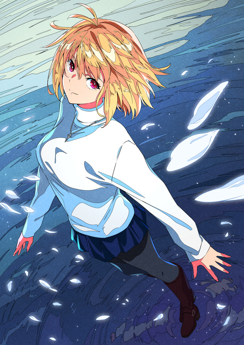 1girl absurdres antenna_hair arcueid_brunestud bangs black_pantyhose blonde_hair blue_skirt boots brown_footwear closed_mouth commentary_request hair_between_eyes highres jewelry long_sleeves looking_at_viewer miniskirt necklace pantyhose petals red_eyes short_hair skirt smile solo sweater tsukihime tsukihime_(remake) turtleneck turtleneck_sweater white_sweater xtango
