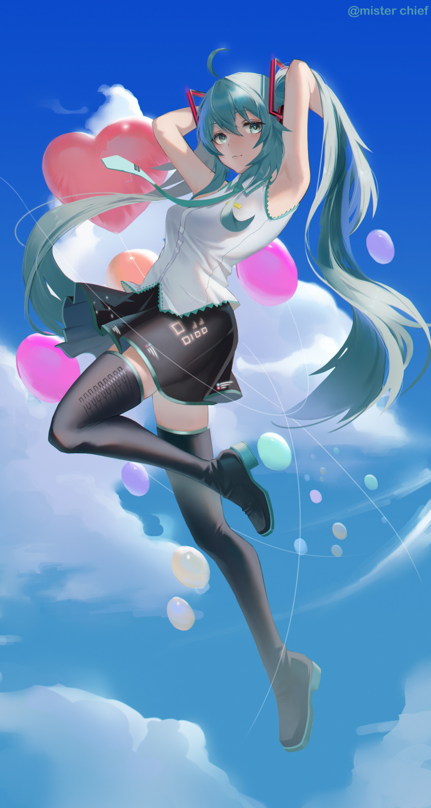 1girl absurdres ahoge aqua_hair arms_up balloon bangs bare_arms black_footwear black_skirt blue_sky boots closed_mouth clouds collared_shirt dress_shirt floating_hair full_body green_eyes hair_between_eyes hair_ornament hands_in_hair hatsune_miku heart_balloon highres leg_up long_hair looking_at_viewer miniskirt pleated_skirt rainbowkenny23 shirt skirt sky sleeveless sleeveless_shirt solo thigh_boots twintails twitter_username very_long_hair vocaloid white_shirt wing_collar zettai_ryouiki