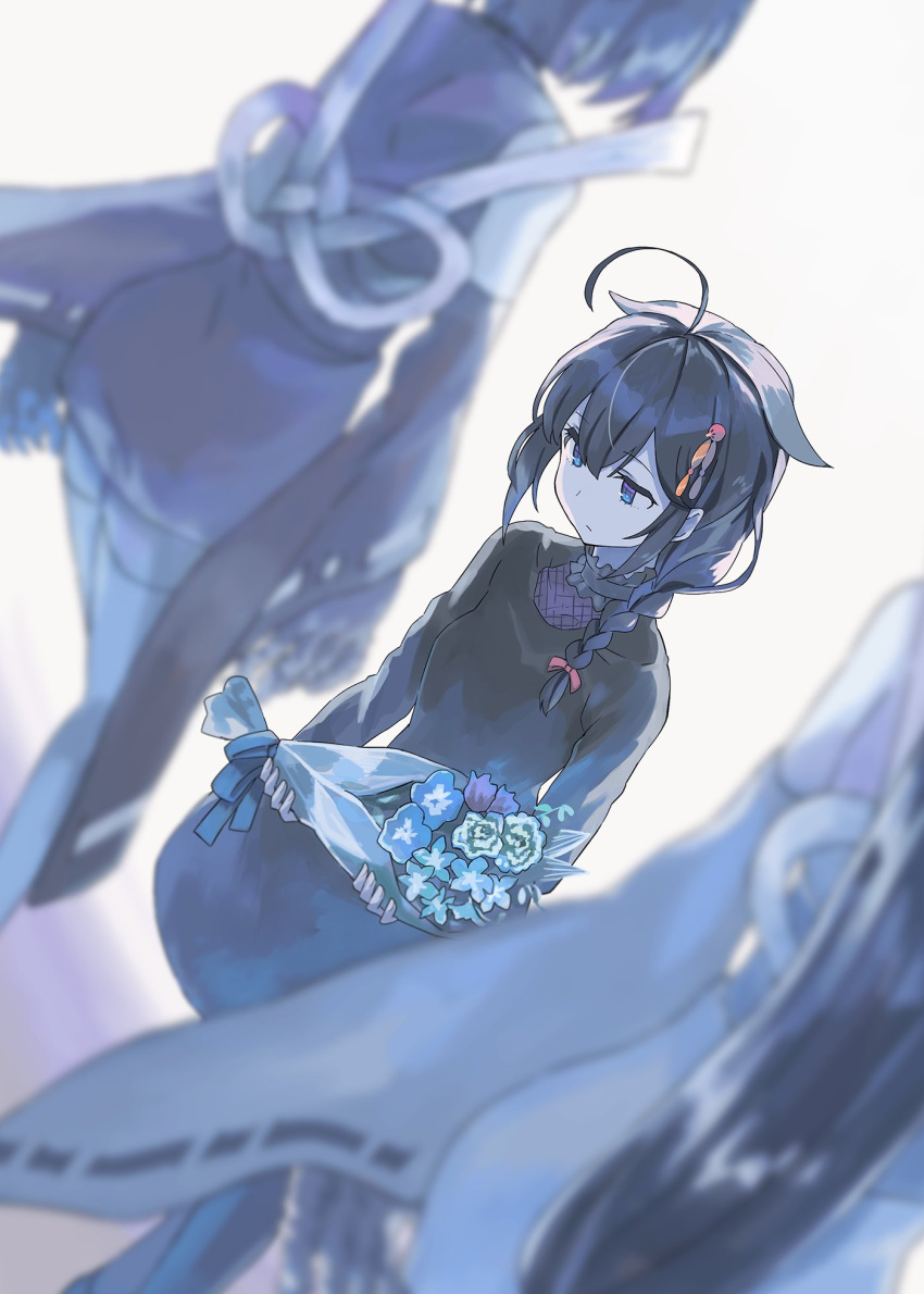 1girl 1other ahoge alternate_costume black_dress black_hair blue_eyes blue_theme bouquet braid dress funeral_dress fusou_(kancolle) hair_flaps hair_ornament hair_over_shoulder highres holding kantai_collection long_hair shigure_(kancolle) shigure_kai_ni_(kancolle) single_braid sugue_tettou yamashiro_(kancolle)