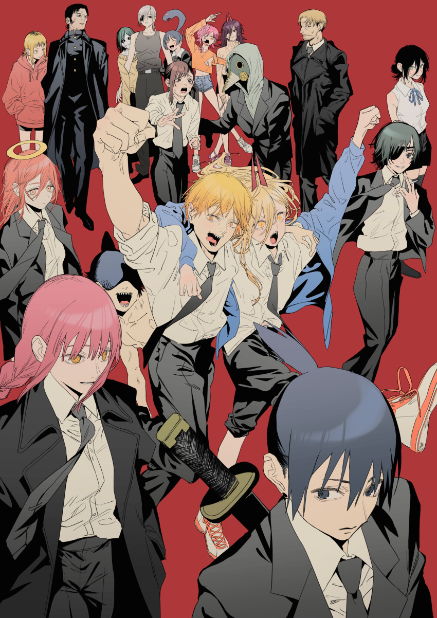 absurdres akane_sawatari_(chainsaw_man) angel_devil_(chainsaw_man) arm_over_shoulder arm_up bangs bare_shoulders beak beam_(chainsaw_man) black_coat black_eyes black_hair black_necktie blonde_hair blue_jacket braid braided_ponytail chainsaw_man cigarette coat collared_shirt cosmo_(chainsaw_man) cross-shaped_pupils denji_(chainsaw_man) excited eyepatch faceless green_eyes hair_between_eyes hair_bun halo hands_in_pockets happy hayakawa_aki higashiyama_kobeni highres himeno_(chainsaw_man) holding holding_cigarette hood hoodie horns jacket katana katana_man_(chainsaw_man) kishibe_(chainsaw_man) long_(chainsaw_man) long_coat long_hair looking_at_another looking_at_viewer looking_to_the_side makima_(chainsaw_man) mask medium_hair messy_hair multiple_boys multiple_girls naga-agan necktie orange_eyes orange_hair pingtsi_(chainsaw_man) pink_hair plague_doctor_mask ponytail power_(chainsaw_man) purple_hair quanxi's_group_(chainsaw_man) quanxi_(chainsaw_man) reaching_out red_background red_horns red_jacket redhead reze_(chainsaw_man) ribbon sharp_teeth shirt shoes short_hair short_shorts shorts sideburns sidelocks simple_background single_hair_bun single_sidelock sleeveless sleeves_rolled_up smile sneakers standing stitched_face stitches sweat sweater sword teeth tongue tongue_out topknot topless topless_male tsugihagi_(chainsaw_man) violence_devil_(chainsaw_man) weapon white_hair white_shirt worried yellow_eyes