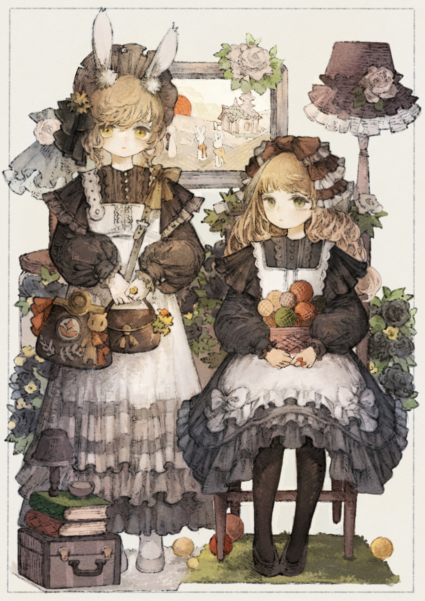 2girls absurdres animal_ears apron bag baiguiyu bangs black_dress black_pantyhose blonde_hair book book_stack border box buttons carpet chair closed_mouth curly_hair dress expressionless fake_animal_ears flats flower frilled_apron frilled_dress frills green_eyes handbag headdress highres holding holding_bag lamp long_sleeves looking_at_viewer multiple_girls original pantyhose picture_(object) puffy_long_sleeves puffy_sleeves rabbit_ears rose sitting standing strap white_apron white_background wool yellow_eyes