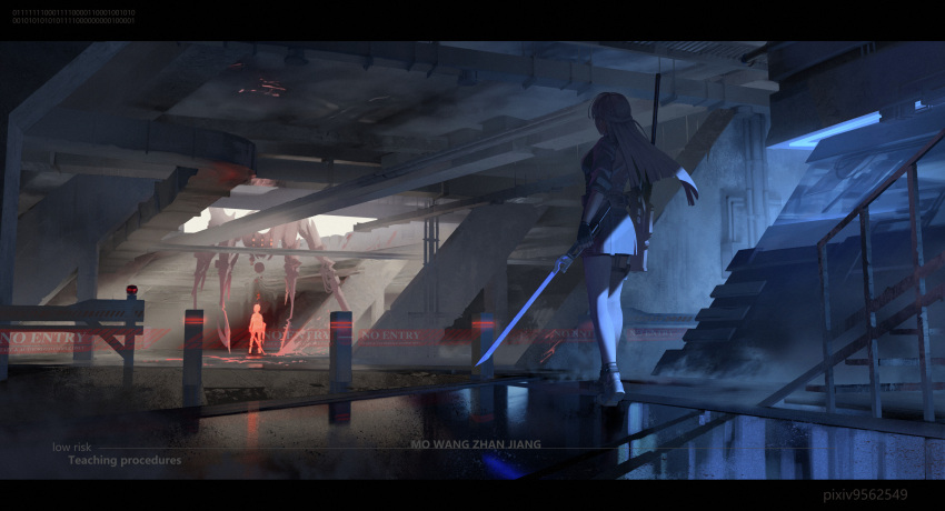 1girl 1other absurdres ambiguous_gender belt black_gloves blonde_hair building dress fingerless_gloves gloves highres holding holding_sword holding_weapon indoors long_hair looking_at_another mowangzhanjiang original reflective_floor robot scenery science_fiction solo_focus sword weapon