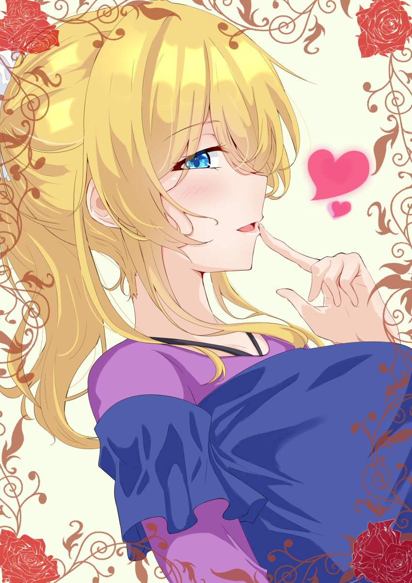 1girl absurdres ayase_eli bangs birthday blonde_hair blue_eyes blush breasts commentary_request floral_background from_side heart high_ponytail highres large_breasts long_hair looking_at_viewer love_live! love_live!_school_idol_project oshiruko_kizoku ponytail rose_background sidelocks solo upper_body