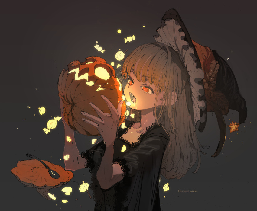 1girl bangs black_shirt blonde_hair demizu_posuka fangs floating food frilled_hat frills glowing grey_background hat hat_feather holding holding_food holding_pumpkin holding_vegetable jack-o'-lantern lace-trimmed_shirt lace_trim long_hair open_mouth orange_eyes original pie pumpkin shirt solo spoon upper_body vegetable witch_hat