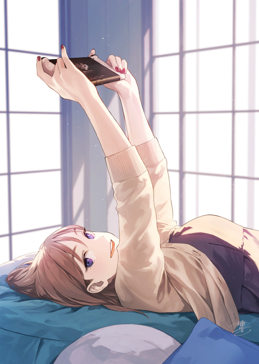 1girl :d arms_up bed_sheet black_dress brown_hair brown_jacket dress from_side highres holding indoors jacket long_hair long_sleeves looking_at_viewer looking_to_the_side lying nintendo_switch okeno_kamoku on_back open_clothes open_jacket open_mouth original red_nails signature smile solo teeth unbuttoned upper_body upper_teeth violet_eyes wind