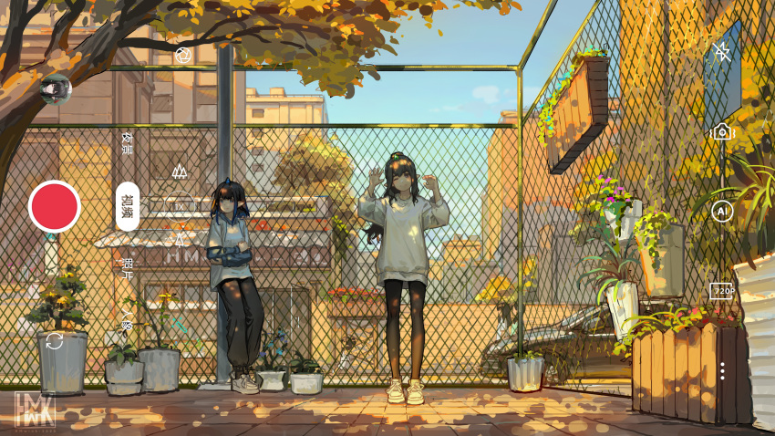 2girls absurdres baggy_pants black_hair black_pants blue_eyes blue_hair brown_eyes brown_hair building car chain-link_fence city crossed_arms dappled_sunlight day fence gradient_hair ground_vehicle hands_up highres hood hoodie horns hua_ming_wink long_sleeves looking_at_viewer motor_vehicle multicolored_hair multiple_girls original outdoors pants pantyhose phone_screen plant pointy_ears potted_plant road_sign scenery shirt shop sign single_horn sunlight sweater tree two-tone_hair video_camera white_shirt white_sweater