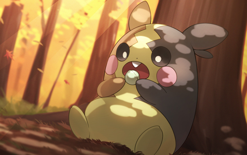 against_tree autumn_leaves bright_pupils commentary_request eating falling_leaves holding leaf looking_down morpeko morpeko_(full) naoki_eguchi no_humans open_mouth outdoors pokemon pokemon_(creature) sitting solo tongue tree white_pupils