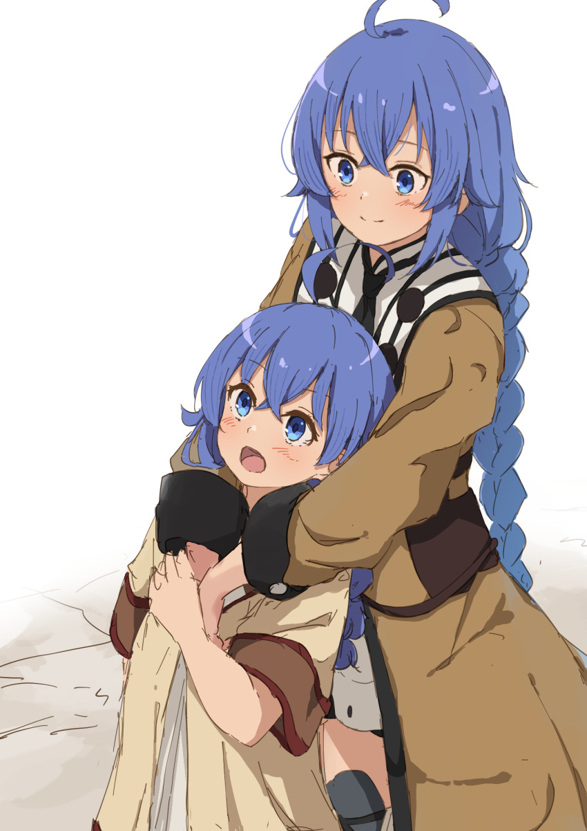 2girls :d age_difference ahoge bangs blue_eyes blue_hair blush braid brown_dress closed_mouth dress fukunaga_nagisa hair_between_eyes height_difference highres hug hug_from_behind long_hair long_sleeves looking_at_another looking_down multiple_girls mushoku_tensei open_mouth roxy_migurdia shiny shiny_hair simple_background sketch smile standing very_long_hair white_background