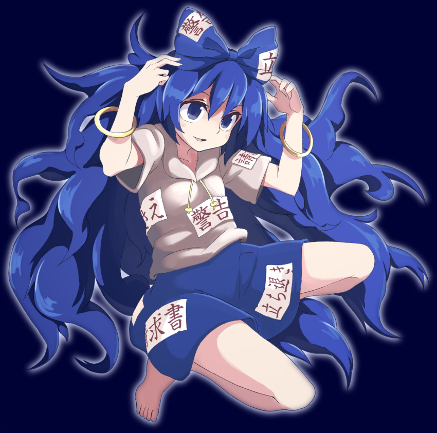 1girl arms_up bangle bare_legs barefoot black_background blue_background blue_bow blue_eyes blue_hair bow bracelet commentary_request full_body glowing grey_hoodie hair_bow highres hood hood_down hoodie jewelry long_hair narira outline short_sleeves simple_background solo touhou very_long_hair yorigami_shion