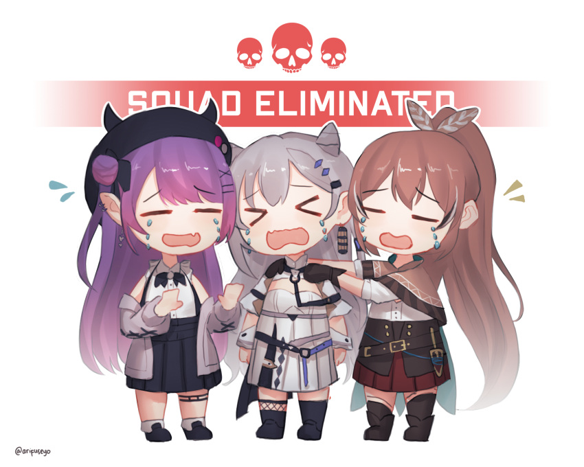 3girls apex_legends arifuseyo beret black_footwear black_headwear black_skirt black_thighhighs boots brown_capelet capelet chibi collared_shirt cone_hair_bun crying double_bun dress earrings feather_hair_ornament feathers frilled_shirt frills grey_sweater hair_behind_ear hair_bun hair_ornament hands_on_another's_shoulders hat highres hololive hololive_english hololive_indonesia jewelry long_hair multiple_girls nanashi_mumei off_shoulder official_alternate_costume open_mouth pointy_ears ponytail purple_hair red_skirt shirt shirt_tucked_in shrug_(clothing) skirt skull sleeveless sleeveless_shirt suspenders sweater thigh-highs tokoyami_towa vestia_zeta virtual_youtuber white_background white_dress
