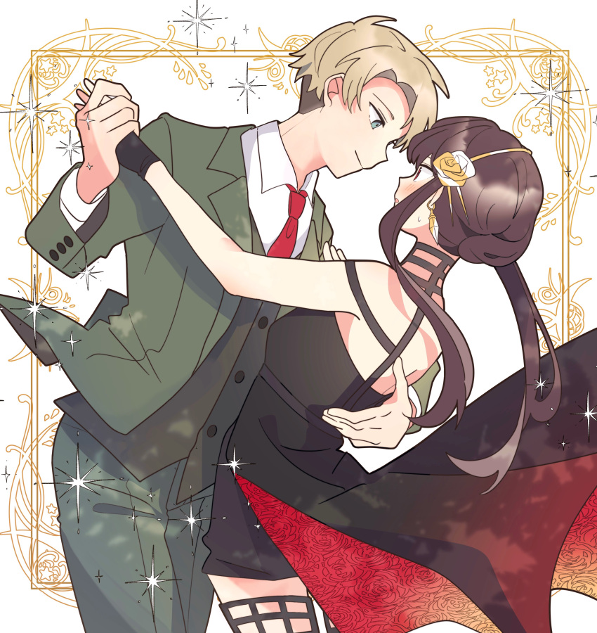 1boy 1girl absurdres bare_shoulders black_dress black_hair blonde_hair blue_eyes blush dancing dress earrings formal hairband hakuuyori highres jewelry long_hair looking_at_another necktie red_eyes red_necktie sidelocks sleeveless sleeveless_dress sparkle spy_x_family suit twilight_(spy_x_family) yor_briar