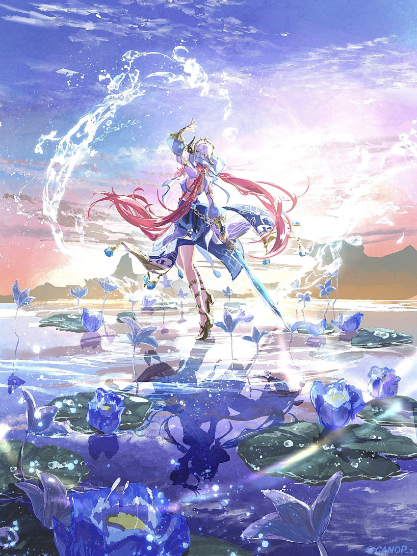 1girl absurdres arm_up back_tattoo blue_flower blue_skirt blue_sky canop_s caustics clouds day facing_away floating_hair flower full_body genshin_impact gladiator_sandals harem_outfit highres holding holding_sword holding_weapon hydrokinesis leaf long_hair long_sleeves mountainous_horizon nilou_(genshin_impact) puffy_long_sleeves puffy_sleeves rainbow reflection reflective_water sandals scenery silhouette skirt sky solo standing standing_on_liquid sword tattoo twintails twitter_username very_long_hair water weapon white_headwear