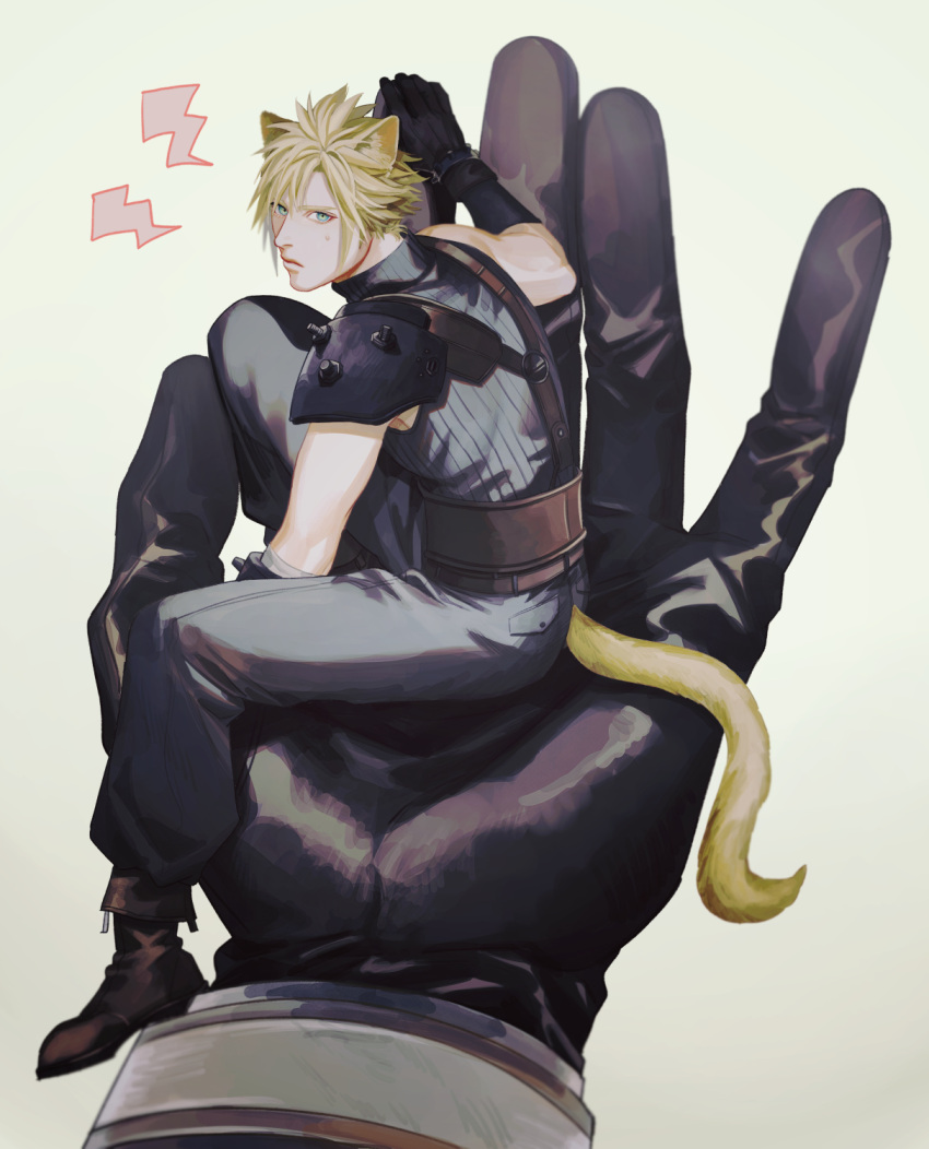 2boys animal_ears annoyed armor baggy_pants belt black_gloves blonde_hair blue_eyes blue_pants blue_shirt boooshow boots cat_boy cat_ears cat_tail cloud_strife final_fantasy final_fantasy_vii final_fantasy_vii_remake full_body gloves grey_background hair_between_eyes highres in_palm kemonomimi_mode looking_at_viewer looking_back male_focus multiple_belts multiple_boys out_of_frame pants sephiroth shirt short_hair shoulder_armor sitting sleeveless sleeveless_turtleneck slit_pupils solo solo_focus spiky_hair suspenders sweatdrop tail turtleneck yellow_fur