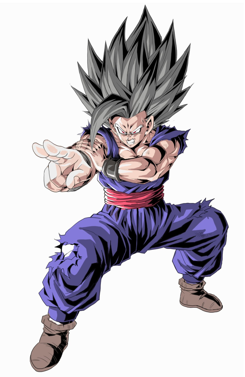 1boy big_hair clenched_teeth dougi dragon_ball dragon_ball_super dragon_ball_super_super_hero full_body gohan_beast grey_hair highres male_focus muscular muscular_male red_eyes red_sash sash simple_background solo son_gohan spiky_hair teeth torn_clothes white_background youngjijii