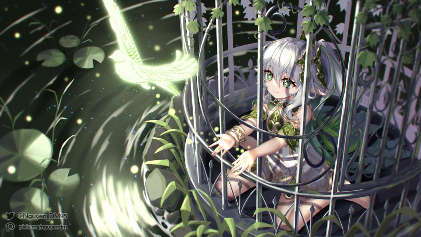 1girl artist_name barefoot bird birdcage cage cape commentary dm_(nguyen_dm95) dress flower genshin_impact green_cape green_eyes hair_between_eyes hair_ornament highres in_cage leaf lotus multicolored_hair nahida_(genshin_impact) pixiv_id plant pointy_ears sitting streaked_hair symbol-shaped_pupils twitter_username wariza white_dress