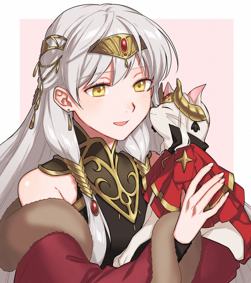 2girls absurdres animal animal_ears bangs bare_shoulders breasts cape cat commission detached_sleeves dress earrings edelgard_von_hresvelg fingerless_gloves fire_emblem fire_emblem:_radiant_dawn fire_emblem:_three_houses gloves hair_ornament highres horn_ornament horns jewelry long_hair long_sleeves micaiah_(fire_emblem) multiple_girls open_mouth peach11_01 red_cape second-party_source sidelocks sleeveless sleeveless_dress smile turtleneck_dress white_hair yellow_eyes