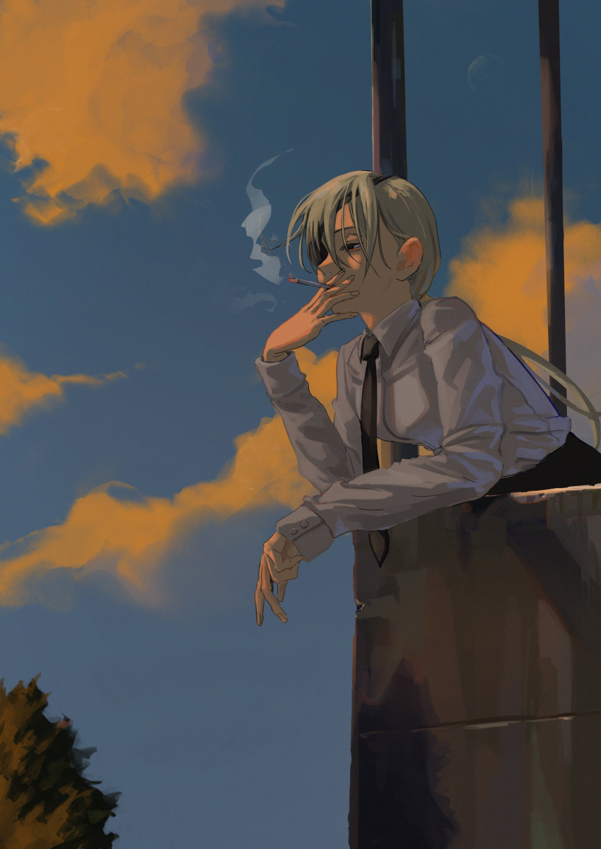1girl absurdres black_necktie bonsachoi chainsaw_man cigarette clouds collared_shirt evening eyepatch highres holding holding_cigarette leaning_forward long_hair necktie ponytail quanxi_(chainsaw_man) shirt smoke smoking solo tree white_shirt