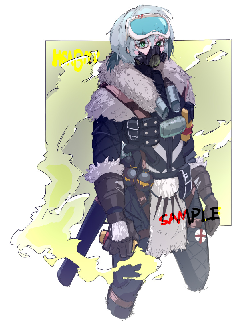 1boy absurdres aged_down animification apex_legends black_gloves black_jacket black_pants blackheart_caustic border caustic_(apex_legends) chinese_commentary explosive fur-trimmed_gloves fur-trimmed_jacket fur_trim gas gas_mask gloves goggles goggles_on_head green_eyes grenade grey_hair highres holding holding_grenade jacket looking_at_viewer mask namalesi outside_border pants redesign sample_watermark short_hair smoke_grenade solo white_border